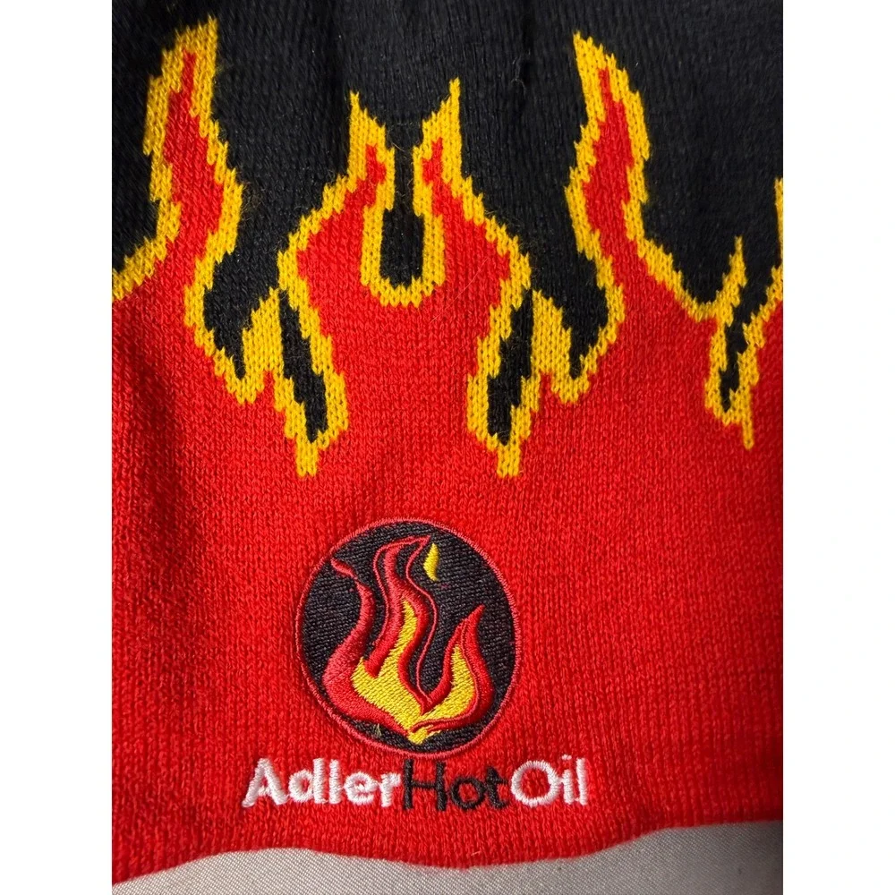 Adler Hot Oil Flame Knit Beanie Hat Black Red Yellow Embroidered Logo One Size